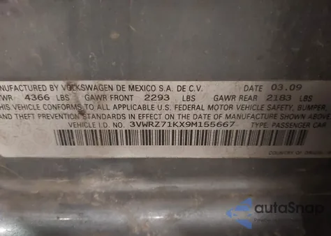 2009 Volkswagen Jetta Se из США, поврежденный, VIN 3VWRZ71KX9M155667